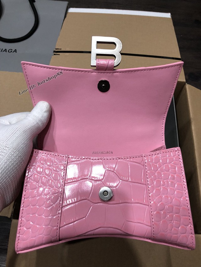 Balenciaga專櫃爆款小號手提女包 巴黎世家鱷魚新粉色銀扣Hourglass沙漏包 fyj1653